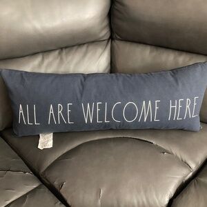 Rae Dunn All Are Welcome Here Navy Blue 14x35 bench pillow Duck Feathers Cotton